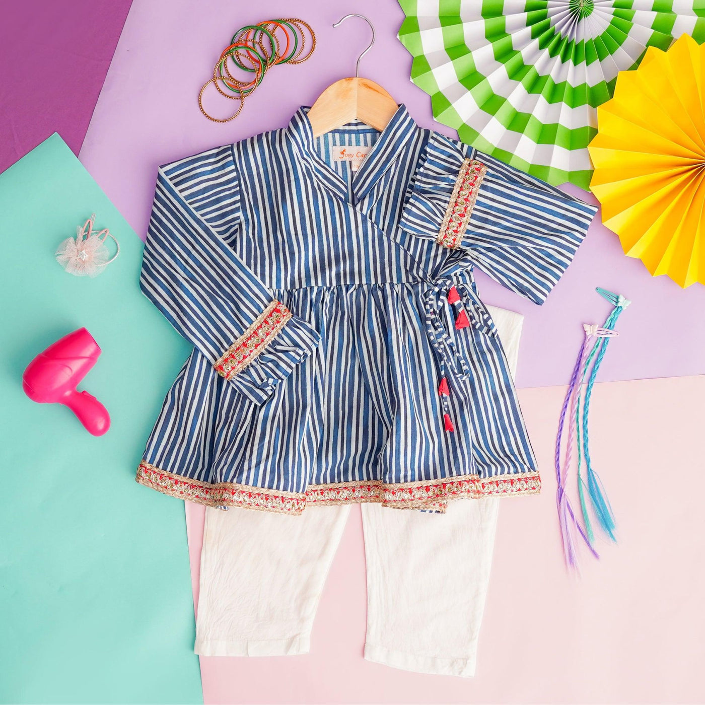 Angrakha style - Pyjama set for girls - Indigo Stripes Joeycare