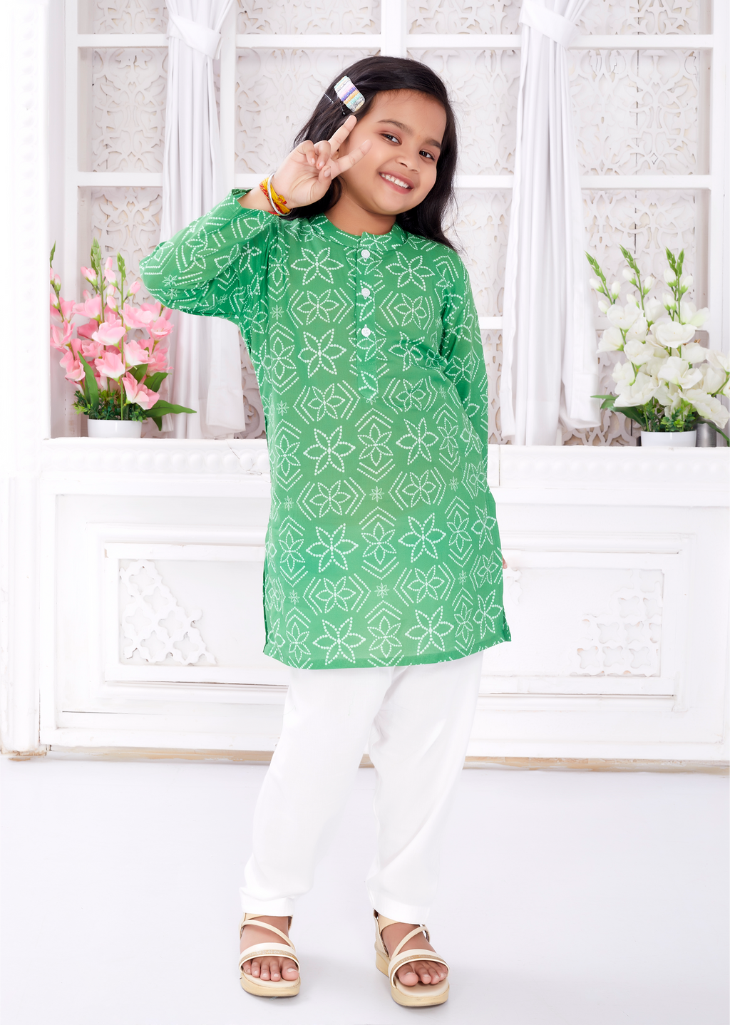 Salwar Kurta set for Girls - Green Bandhej