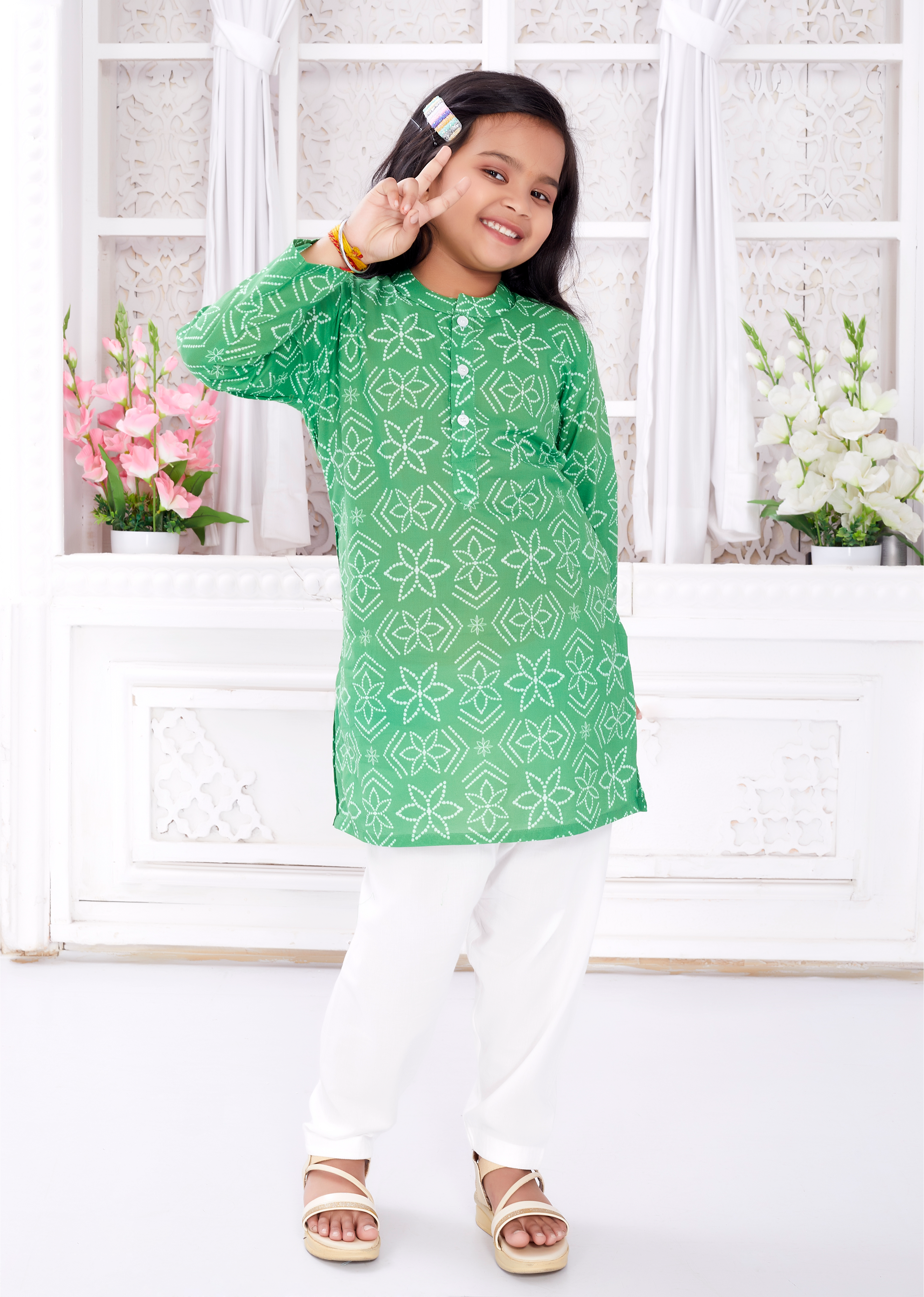 Salwar Kurta set for Girls - Green Bandhej