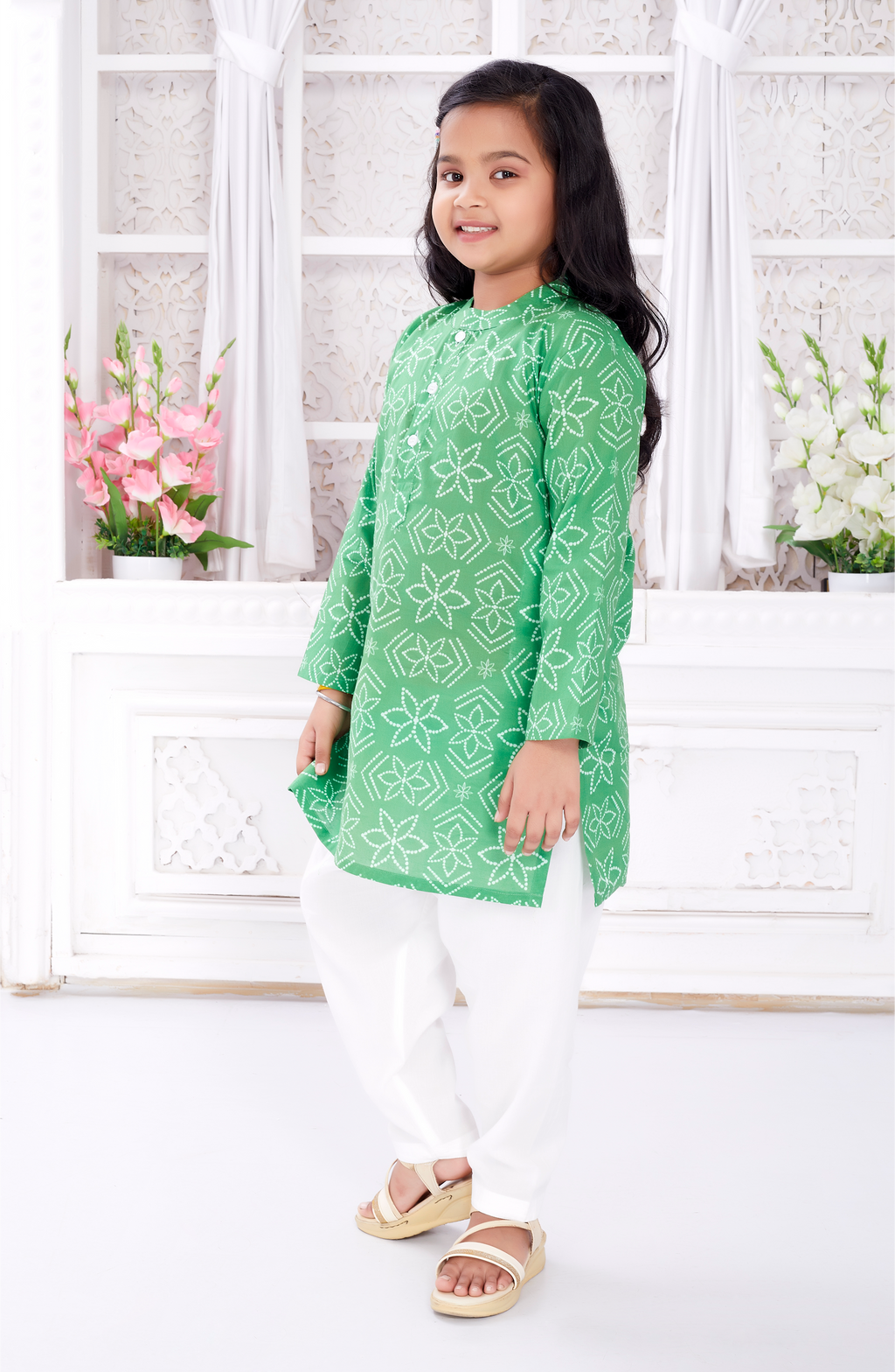 Salwar Kurta set for Girls - Green Bandhej
