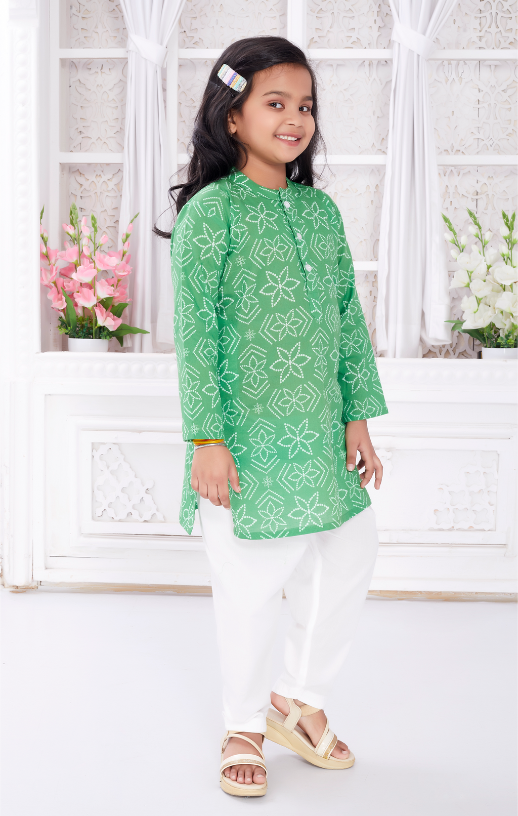 Salwar Kurta set for Girls - Green Bandhej