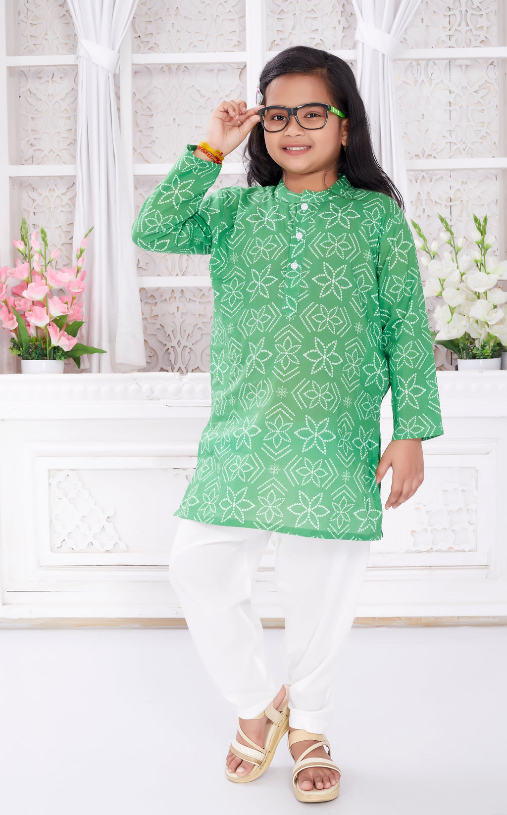 Salwar Kurta set for Girls - Green Bandhej